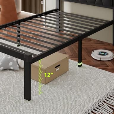 Feonase Twin Size Metal Bed Frame with Faux Leather Button Tufted Headboard, Platform Bed Frame with Heavy Duty Metal Slats, 12" Storage Space, Noise Free, No Box Spring Needed, Black - Image 5