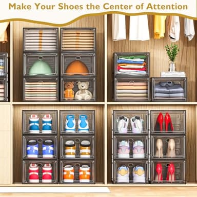 7 code Large Clear Shoe Boxes Organizer【Thicker Material】 Stronger Shoe Box with Magnetic Door, Stackable Shoe Storage Box for Closet, Foldable Space-Saving Storage Bins Shoe Cabinet, Black 9-Pack - Image 7