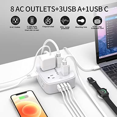 10 Ft Surge Protector Power Strip - YISHU 3 Side Outlet Extender with 8 Widely AC Outlets and 4 USB Ports, 10 Feet Extension Cord with Flat Plug, Wall Mount Desk USB Charging Station, ETL,White - Image 2