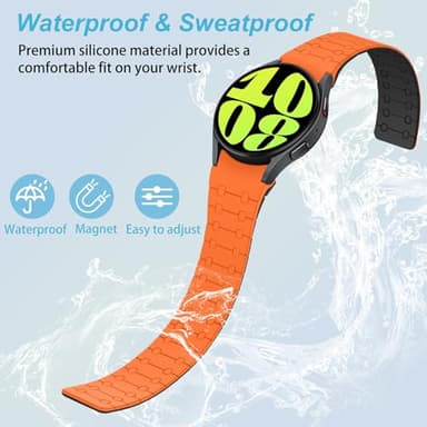 Amizee No Gap Band Compatible with Samsung Galaxy Watch 7 6 5 4 FE Band 40mm 44mm/Watch 6 Classic 43mm 47mm/Watch 5 Pro 45mm/Watch 4 Classic, 20mm Magnetic Silicone Strap for Women Men, Orange/Black - Image 4