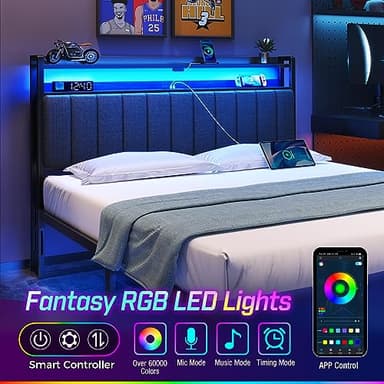 Rolanstar Headboard for Queen Size Bed with Storage, 60,000 DIY Color of LED Light, Head Board with USB & Type C Port, Height Adjustable, Black Upholstered Cabeceras de Cama Comfortable Modern, Linen - Image 4
