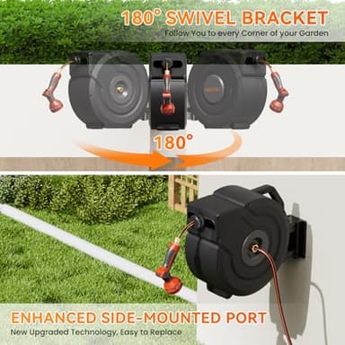NEOTEC Retractable Garden Hose Reel 5/8 inch x 90ft - Wall Mounted Heavy Duty Hose Reel with 3/4 Inch Brass Fittings & 9-Pattern Nozzle - Auto Rewind System, Any Length Lock, 180° Swivel Bracket - Image 3