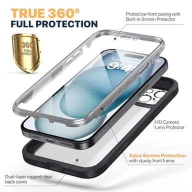 Diaclara Designed for iPhone 15 Case, Full Body Rugged Case with Built-in Touch Sensitive Anti-Scratch Screen Protector, with Camera Lens Protector for iPhone 15 6.1" (Black and Clear) - Image 2