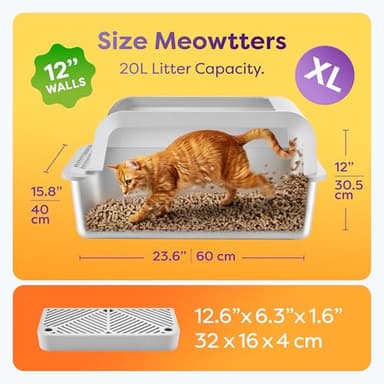 OHM Pets XL Cat Litter Box Stainless Steel - 20L Non-Stick Extra Large Stainless Steel, Rust-Proof, Anti-Leak Metal Litter Box High Sides w/Scoop & Tray, Light Grey - Image 6