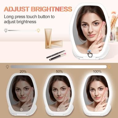 Travel Makeup Mirror with Light: 3 Color Lighting Portable Mirror with Touch Screen Rechargeable Adjustable LED Lights Hexagon Vanity Mirror for Travel, Desk, Home (White) - Image 3
