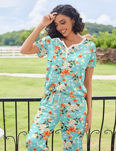 Ekouaer Womens Pajama Sets Short Sleeve Sleepwear Top and Capri Pants 2 Piece Loungewear With Pockets, Green/Orange/White/Floral, Medium - Image 4