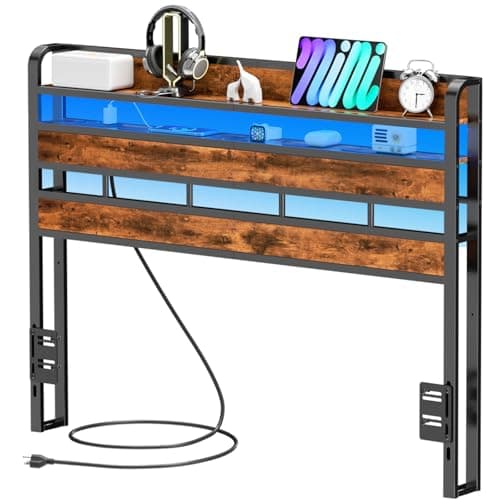 Furnulem Headboard for Queen Size Bed with Storage, LED Light Head Boards with Outlets & USB Ports, Height Adjustable Headboards for Dorm Bedroom, Sturdy Stable Cabeceras de Cama Rustic Brown - Image 1