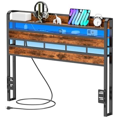 Furnulem Headboard for Queen Size Bed with Storage, LED Light Head Boards with Outlets & USB Ports, Height Adjustable Headboards for Dorm Bedroom, Sturdy Stable Cabeceras de Cama Rustic Brown - Image 1