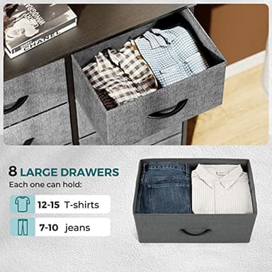SMUG Dresser, Drawers Dresser for Bedroom Cabinet Organizers Wood Top Table Furniture with 8 Fabric Storage Drawers Chest Tower Unit, Chest of Drawers for Closet, Living Room, Hallway, Porch Grey - Image 4