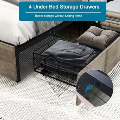 Kiivakii Full Size Bed Frame with Headboard, LED Platform Bed with 4 Storage Drawers, Built in Charging Station, Noise-Free, Metal Support Base, No Box Spring Needed, Gray - Image 5