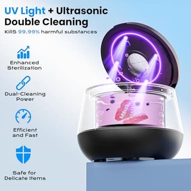 45kHz Ultrasonic Retainer Cleaner, 200ML Dental Cleaning Pod for Dentures, Mouth Guards, Braces, Aligner, Toothbrush Jewelry and More, UV Denture Cleaner with 4 Modes & Digital Timer - Image 4