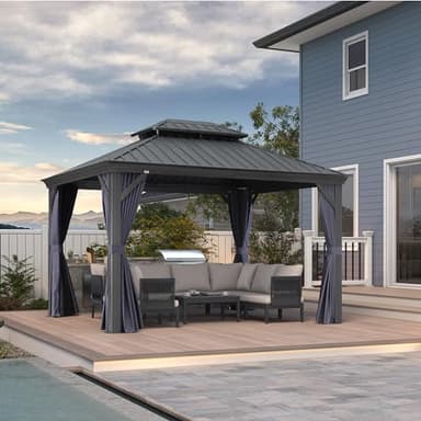 PURPLE LEAF 10' X 12' Hardtop Gazebo Aluminum Gazebo with Galvanized Steel Double Roof for Backyard Patio Lawn and Garden, Curtains and Netting Included, Navy Blue - Image 1