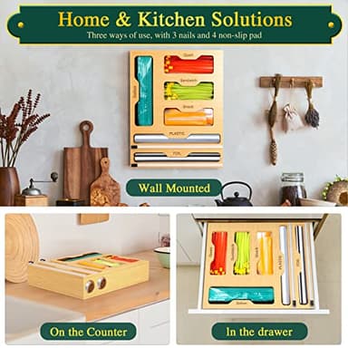 KOCWELL Bag Organizer and Plastic Wrap Dispenser with Cutter, 6 In 1 Bamboo Foil and Plastic Wrap Organizer for Kitchen Drawer, Food Storage Bag Organizer for Gallon,Quart,Sandwich,Snack(Yellow) - Image 8