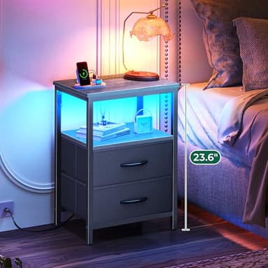 Huuger Night Stand with Charger Station and LED Lights, 2 Drawer Nightstand, Bed Side Table with Open Shelf, End Table, Fabric Dresser for Bedroom, Grey - Image 4