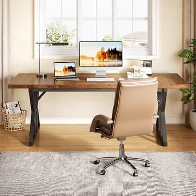 LITTLE TREE 70.8-Inch Office Desk, Wooden Executive Office Desk, Modern Work Desk, Large Farmhouse Writing Table Computer Desk for Home, Brown-Black - Image 6