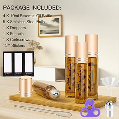 PrettyCare 4 Pack, 10 ml Essential Oil Roller Bottles with Stainless Steel Roller Ball - Refillable Leak-proof Empty Thick Amber Glass Roll on Bottles with Metal Caps for Travel, Perfume - Image 7