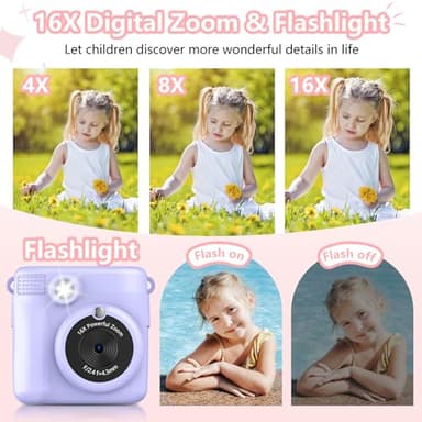 Radekly Instant Print Camera for Kids,Christmas Birthday Gifts for Age 3-12 Girls Boys，1080P HD Digital Video Cameras for Toddler,Kids Portable Toy with 3 Rolls Photo Paper，32GB Card-Purple - Image 3