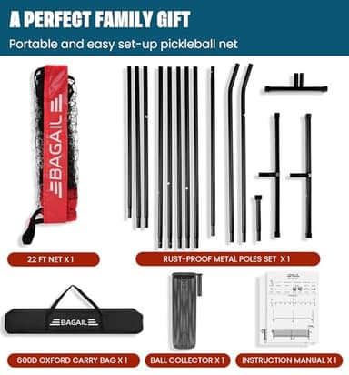 BAGAIL Portable Pickleball Net Set, 22 FT Regulation Size Pickle Ball Net with Ball Collector, Carry Bag, Easy Setup for Outdoor Indoor Driveway - Red - Image 8