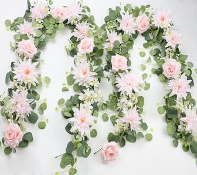 DIYDOFUN Pack of 2 Artificial Rose Flower Garland with Greenery - 5.6 FT Eucalyptus Garlands Floral Garlands for Wedding Arch Mantle Backdrop Patio (Light Pink & White, 2 X 5.6 FT Garlands) - Image 1