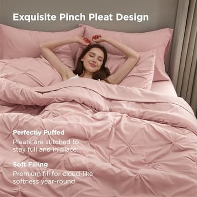 Bedsure Queen Comforter Set Pink - Bed in a Bag Queen Size 7 Pieces, GentleSoft™ Pintuck Bed Set Gift for Family, Pinch Pleat Pink Comforter with Sheets, Pillowcases & Shams - Image 6