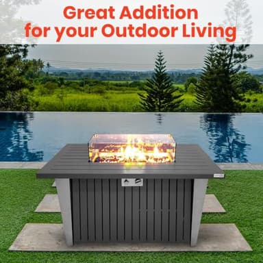 SereneLife Outdoor Propane Fire Pit Table - CSA/ETL Certified 50,000 BTU Pulse Ignition Weatherproof Rectangle Propane Gas Fire Table w/Adjustable Flame - Glass Rocks Wind Guard, Black SLFPSX55 - Image 6