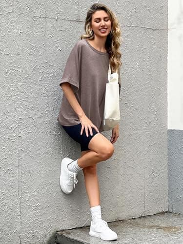 Women Oversized T-Shirt Summer Casual Short Sleeve Loose Tee Tops Brown - Image 6