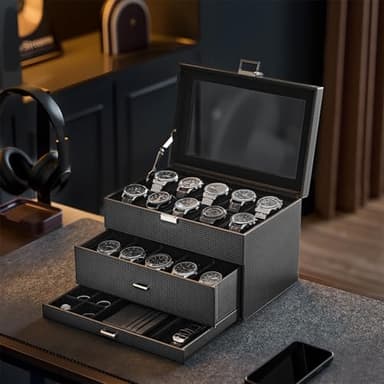 ProCase 20 Slot Watch Box for Men, 3-Layer Watch Display Case with Glass Lid, Watch Holder with Drawer, Jewelry Storage Organizer for Watches Straps Rings -AllBlack - Image 2
