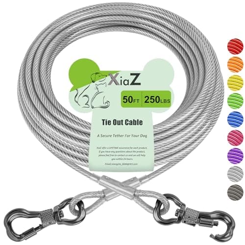XiaZ Dog Tie Out Cable 50ft, Outdoor Runner Lead Chain Tether for Small Medium Large Dogs, 5mm Diameter Cable,11000 lbs Break Strength, Reflective Silver - Image 1
