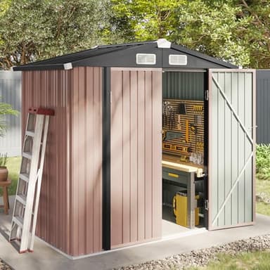 Aoxun 6.2x4 FT Shed Outdoor Storage Shed with Lockable Doors & Slooping Roof Metal Garden Tool Shed for Backyard, Patio, Poolside (Brown) - Image 1