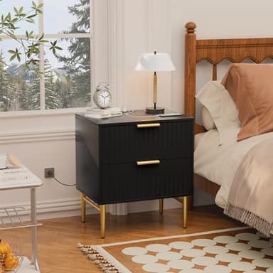 HQZX Black Nightstand Set of 2 with Charging Station, Fluted Nightstand with Drawers, Modern Bedside Table with Gold Legs, End Table for Bedroom - Image 6