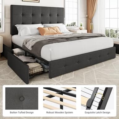 Allewie Upholstered Queen Size Platform Bed Frame with 4 Storage Drawers and Headboard, Square Stitched Button Tufted, Mattress Foundation with Wooden Slats Support, No Box Spring Needed, Dark Grey - Image 6