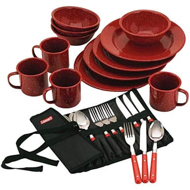 Coleman 24-Piece Enamel Dinnerware Set for Outdoor Dining, Dishwasher Safe, Full Dinnerware & Flatware Set for 4 People - Image 1