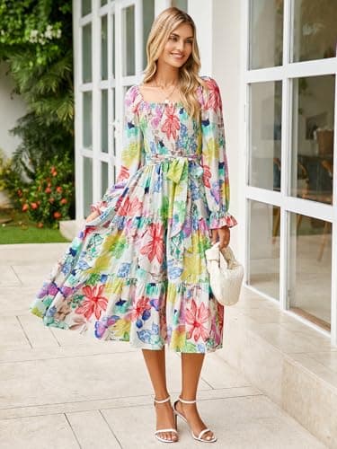 Amegoya Womens Spring Floral Long Sleeve Maxi Dress Square Neck Smocked Tiered Flowy Dress(A-Floral 3) - Image 2