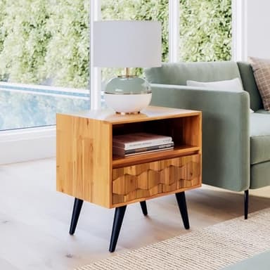 Bme Georgina Solid Wood Nightstand With 1 Drawer & Open Shelf- Fully Assembled Mid Century Modern Side Table - Geometric Pattern Bedside Dresser for Bedroom and Living Room - Image 6