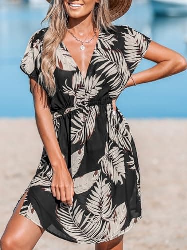 CUPSHE Women's Swimsuit Cover Ups V Neck Bathing Suits Short Sleeve Bikini Coverup Swimwear Dress Brown Leaf,L - Image 3