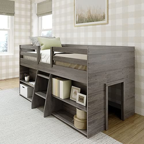 Max & Lily Modern Farmhouse Low Loft Bed, Twin Bed Frame for Kids with 2 Bookcases, Driftwood - Image 1