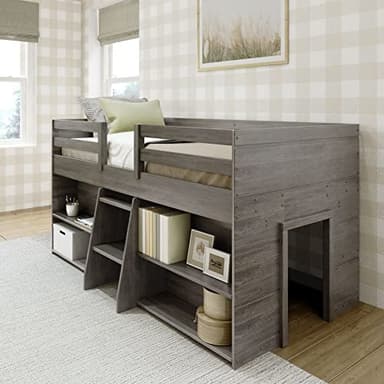 Max & Lily Modern Farmhouse Low Loft Bed, Twin Bed Frame for Kids with 2 Bookcases, Driftwood - Image 1
