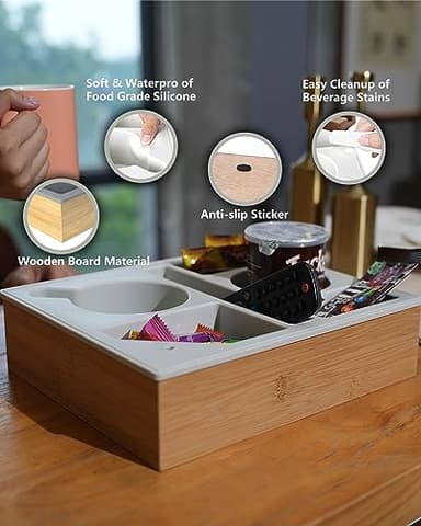 Hitseon Couch Cup Holder Tray, Handy Silicone Bamboo Couch Caddy with Rotatable Phone Holder for Bed Car Seat Organizer, Waterproof Anti-spill Sofa Cup Holder for Snacks Beverage Remote (Gray) - Image 5