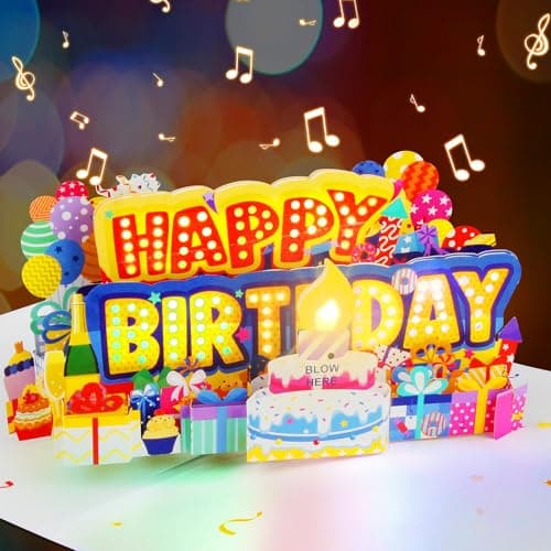 MZD8391 Birthday Cards Light 3D Pop Up Music, Blowable LED Candle Cake Gifts Greeting Cards for Women Men Kids Mom - Image 1