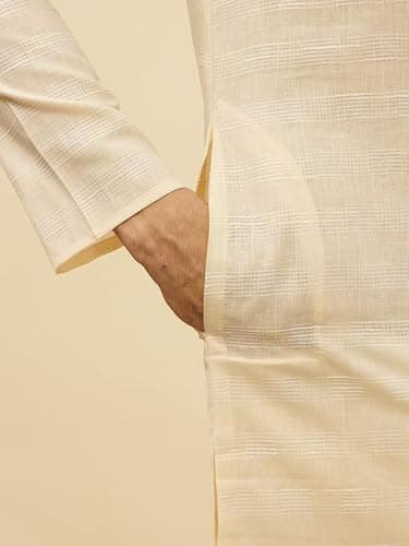 Manyavar Men Blended Cotton Checks Kurta Pyjama Set S Cream - Image 5