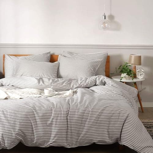 JELLYMONI 100% Natural Cotton 3pcs Striped Duvet Cover Sets,White Duvet Cover with Grey Stripes Pattern Printed Comforter Cover,with Zipper Closure & Corner Ties(Queen Size) - Image 1