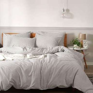 JELLYMONI 100% Natural Cotton 3pcs Striped Duvet Cover Sets,White Duvet Cover with Grey Stripes Pattern Printed Comforter Cover,with Zipper Closure & Corner Ties(Queen Size) - Image 1