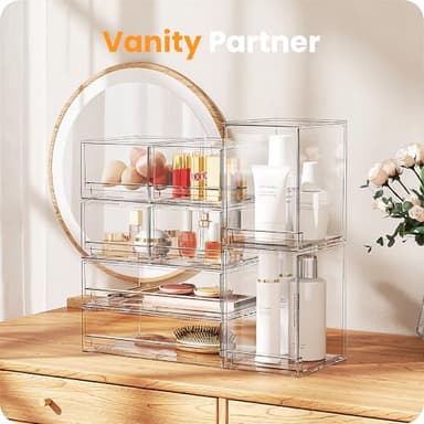 A-LuGei 【𝟰𝗣𝗖𝗦】 Acrylic Stackable Storage Drawers, 8.7" H Makeup Organizer, Bathroom Organizer and Storage, Plastic Storage Bins for Kitchen Cabinet Pantry Medicine Fridge - Image 3