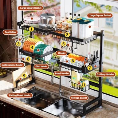 ilvvan Over The Sink Dish Drying Rack 27-40L x 12W x 32.5-37H (inches) (Expandable Height and Length) Snap-On Design 2 Tier Large Dish Rack - Image 3