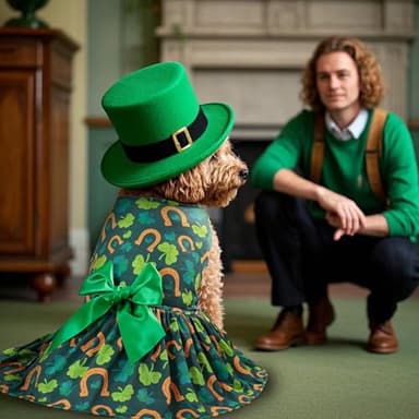 St. Patrick's Day Dog Costume Dress S, Green Shamrock and Horseshoe Print with Satin Bow, Pet Outfit for 6-7 lbs Dogs and Cats, Festive Holiday Apparel - Image 2