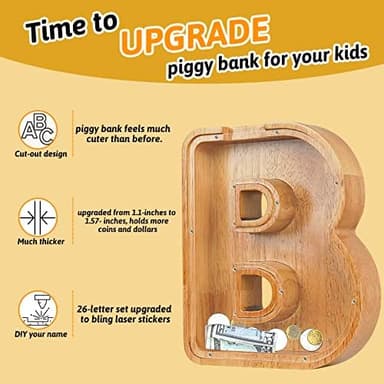Piggy Bank for Kids Boys Girls, Large Personalized Wooden Letter Piggy Bank with Cut-Out Design, Alphabet Letter Coin Banks, Money Savings Box, Wooden Bank for Kids Creative Gift for Real-Money(U - Image 4