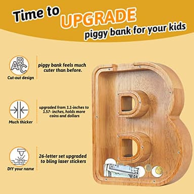 Piggy Bank for Kids Boys Girls, Large Personalized Wooden Letter Piggy Bank with Cut-Out Design, Alphabet Letter Coin Banks, Money Savings Box, Wooden Bank for Kids Creative Gift for Real-Money(K) - Image 3