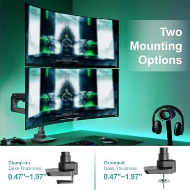 WALI Vertical Dual Monitor Stand for 17''-49'' Curved Screens, Ultrawide Dual Monitor Arms up to 44lbs, Stacked Monitor Mount for 2 Monitors, Heavy Duty Adjustable Gas Spring Arm (GSDM002N-P), Black - Image 6