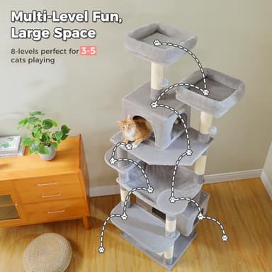 PAWZ Road Large 72 Inch Cat Tree and Tower for Indoor Cats - With Sisal-Covered Scratching Posts, Padded Perches, Condos, and Basket - Gray - Image 5