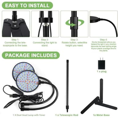 Grow Lights for Indoor Plant, 6000K Full Spectrum Plant Lights for Indoor Growing, 3.5'' LED Dual Ring Grow Light, Height Extendable 9-16'', Auto On Off Timing 4/8/12/18Hrs (Black) - Image 8